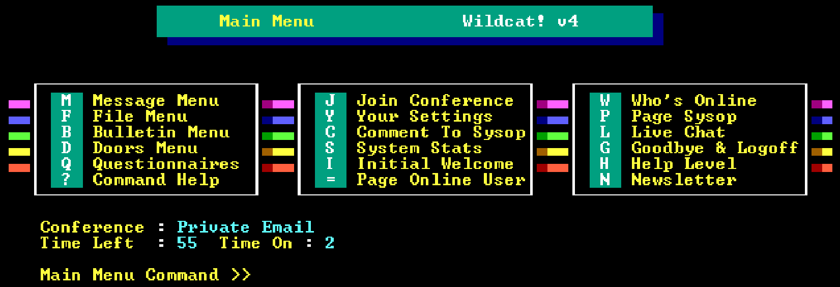Classic Wildcat! BBS Main Menu screen (credit: http://www.wykydkool.com/bbs-bulletin-board-system )