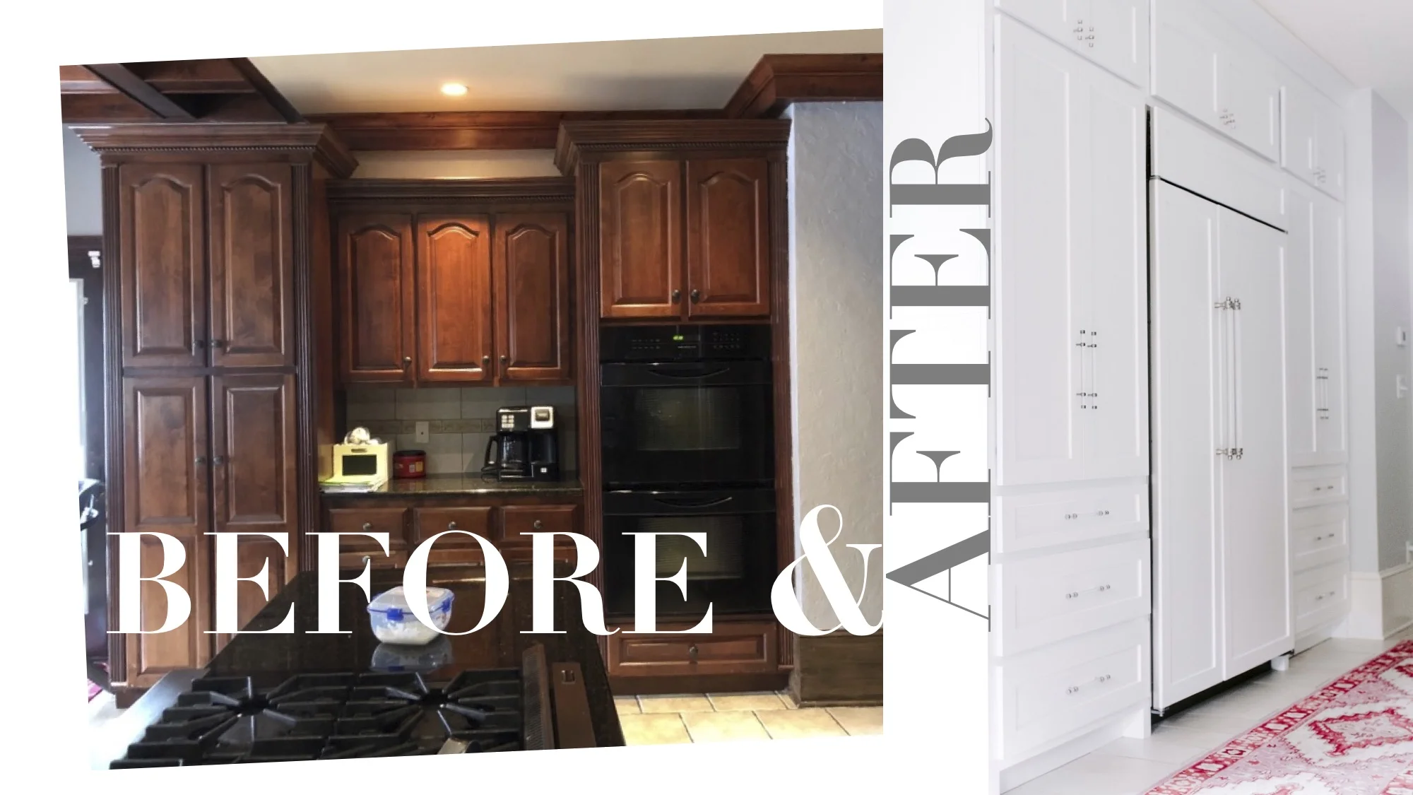 In order to create a beautiful hood along the wall where the fridge used to be, we moved the refrigerator to the center of this wall. We used a sub-zero panel ready refrigerator to make this wall clean, contemporary and more symmetrical. A pair of pantry cupboards flank the fridge.