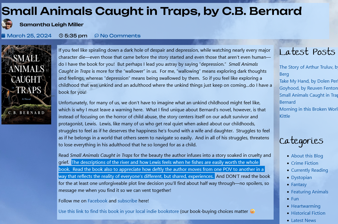 Samantha Leigh Miller Reviews SMALL ANIMALS CAUGHT IN TRAPS