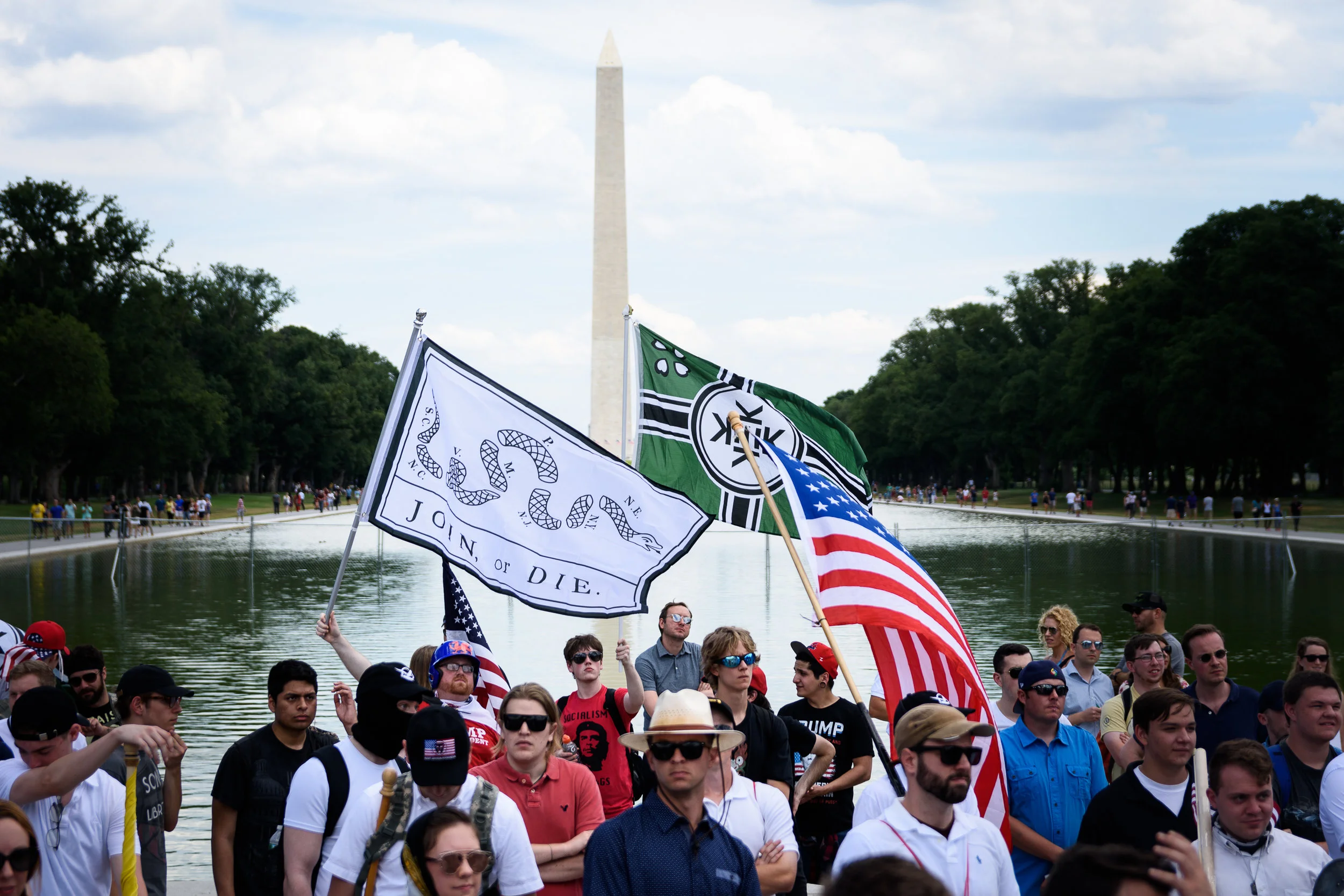 Members of the alt-right gather for a "free speech" rally outside the Lincoln Memorial on June 25, one of two competing rallies.
