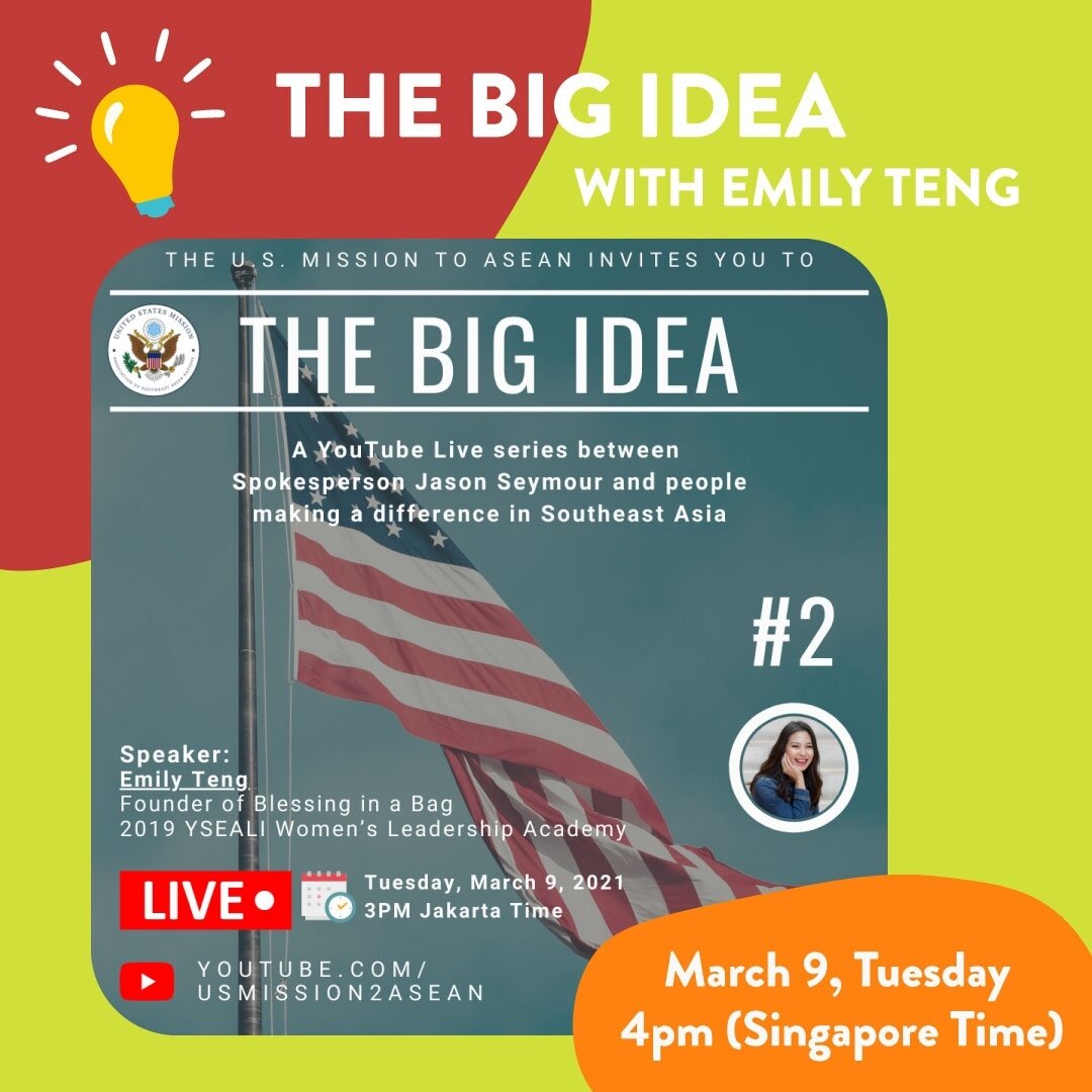 Our founder, Emily will be sharing about Blessings in a Bag yet again in an upcoming virtual livestream organised by the U.S. Mission to ASEAN! 🎊⁠
⁠
Tune in to listen to her sharing on the 9 March, Tuesday, 4pm (SGT). Save the date and click on the 