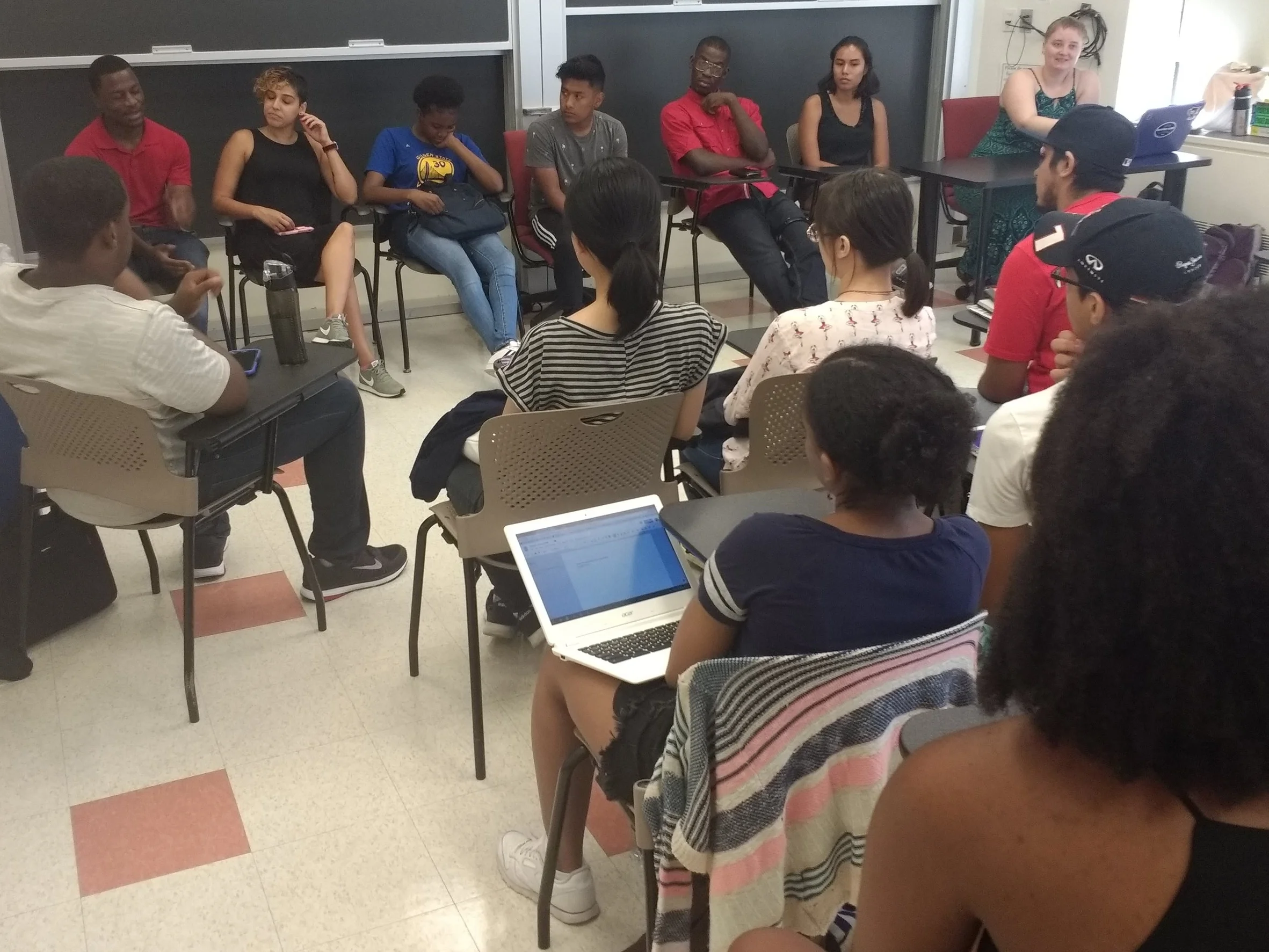 From left to right: Abdel, Sylvia, Aisha, Edson, John, and Ana address rising 11th and 12th graders during College Prep Week.