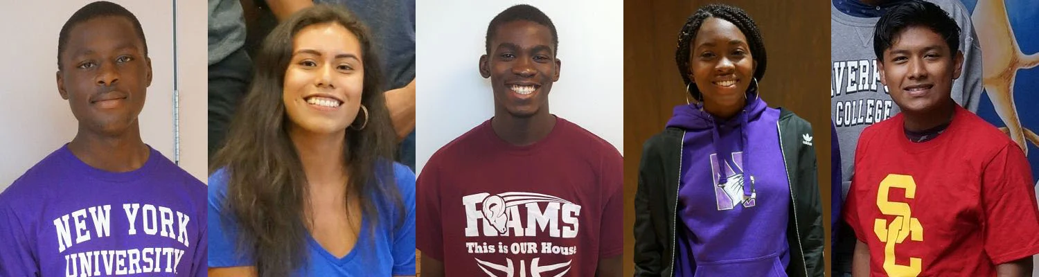 From left to right: Abdel, Ana, John, Aisha, and Edson, each wearing college gear!