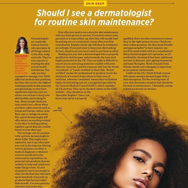 For advice on when to see a dermatologist and how to make sure they are the real deal, grab a copy of this month&rsquo;s @womenshealthuk magazine. Our Dr @anjalimahto explains what to look for and how to check if your skin specialist is really &lsquo