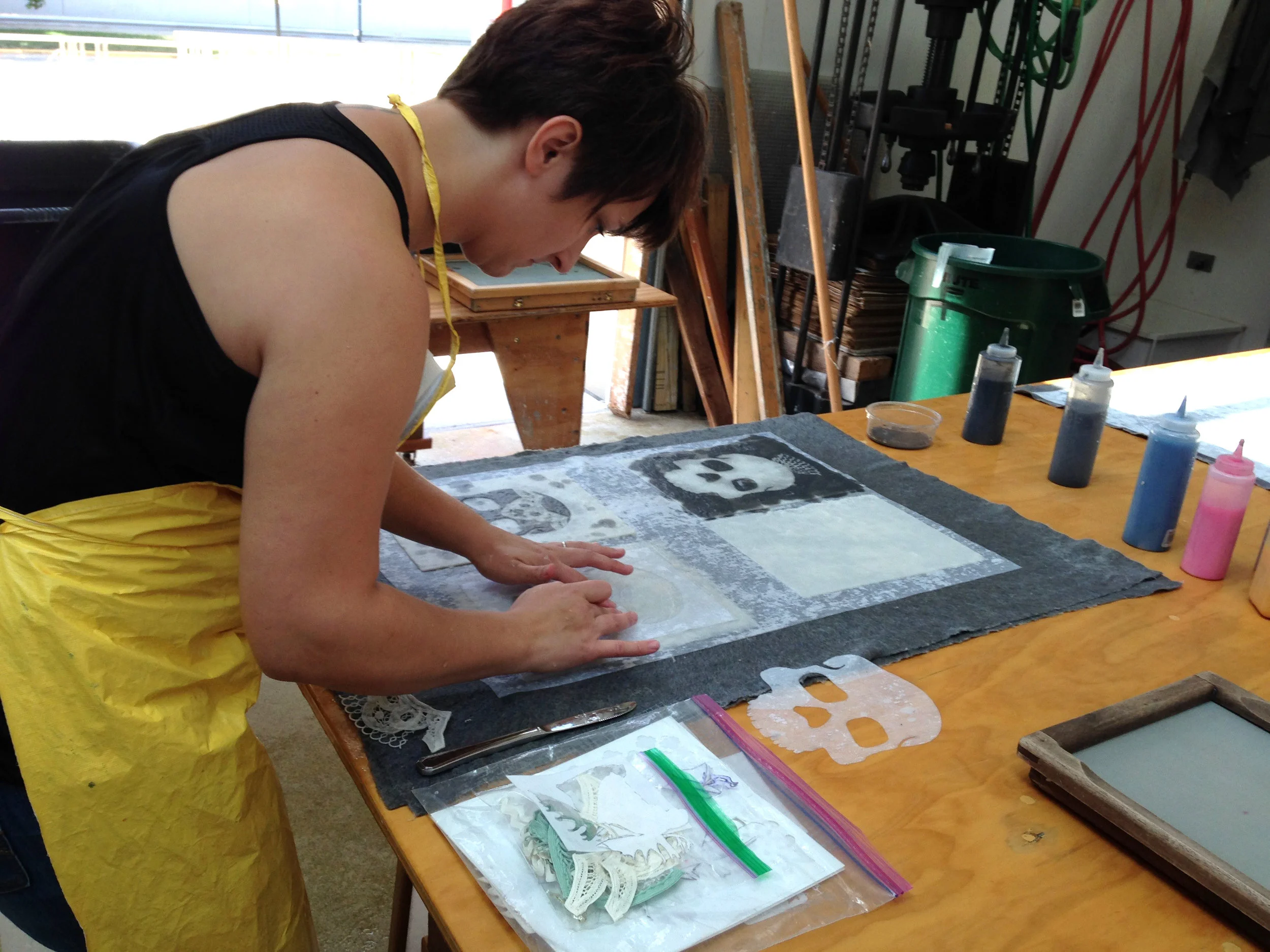 Kirsten, pulp painting with stencils, Summer 2016 Cont Ed