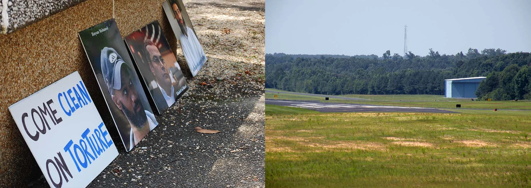 left: photos of survivors of extraordinary rendition line the sidewalk after a public vigil in the state capital in 2015. Right: one of the hangars used by aero contractors, located at the johnston county airport in smithfield, nc.