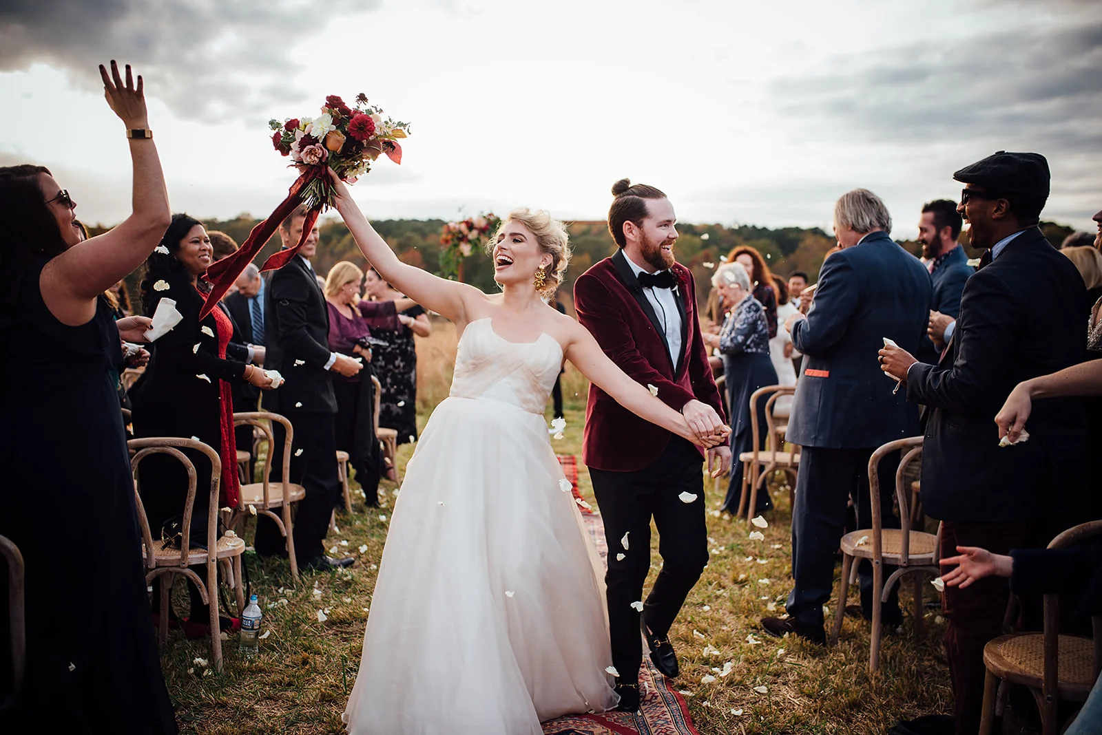 Fall Wedding Ceremony, Outside, Arbor, Blush and Burgundy Flowers, Color Fields, The Meadows- Raleigh