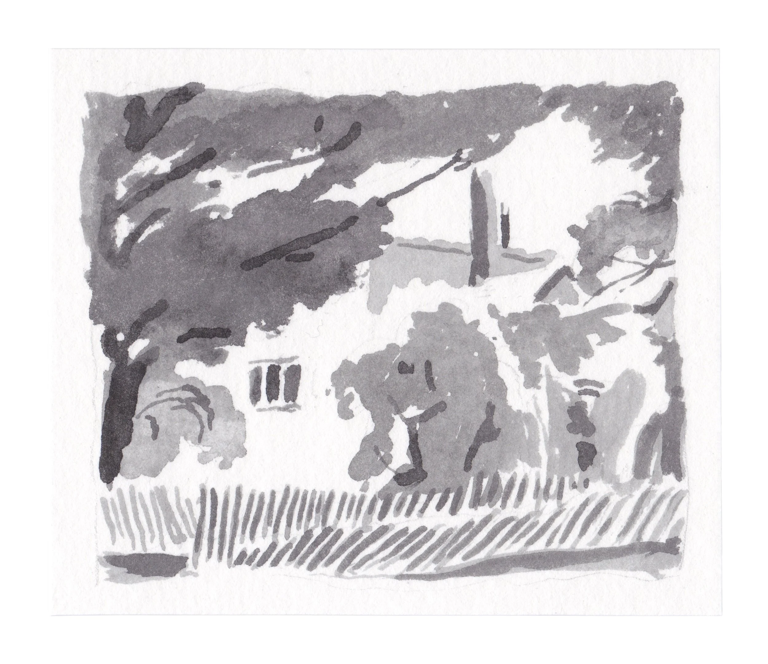  Landscape with Fence, 3 1/16" x 3 5/8", Watercolor and Graphite on Paper, 2023 
