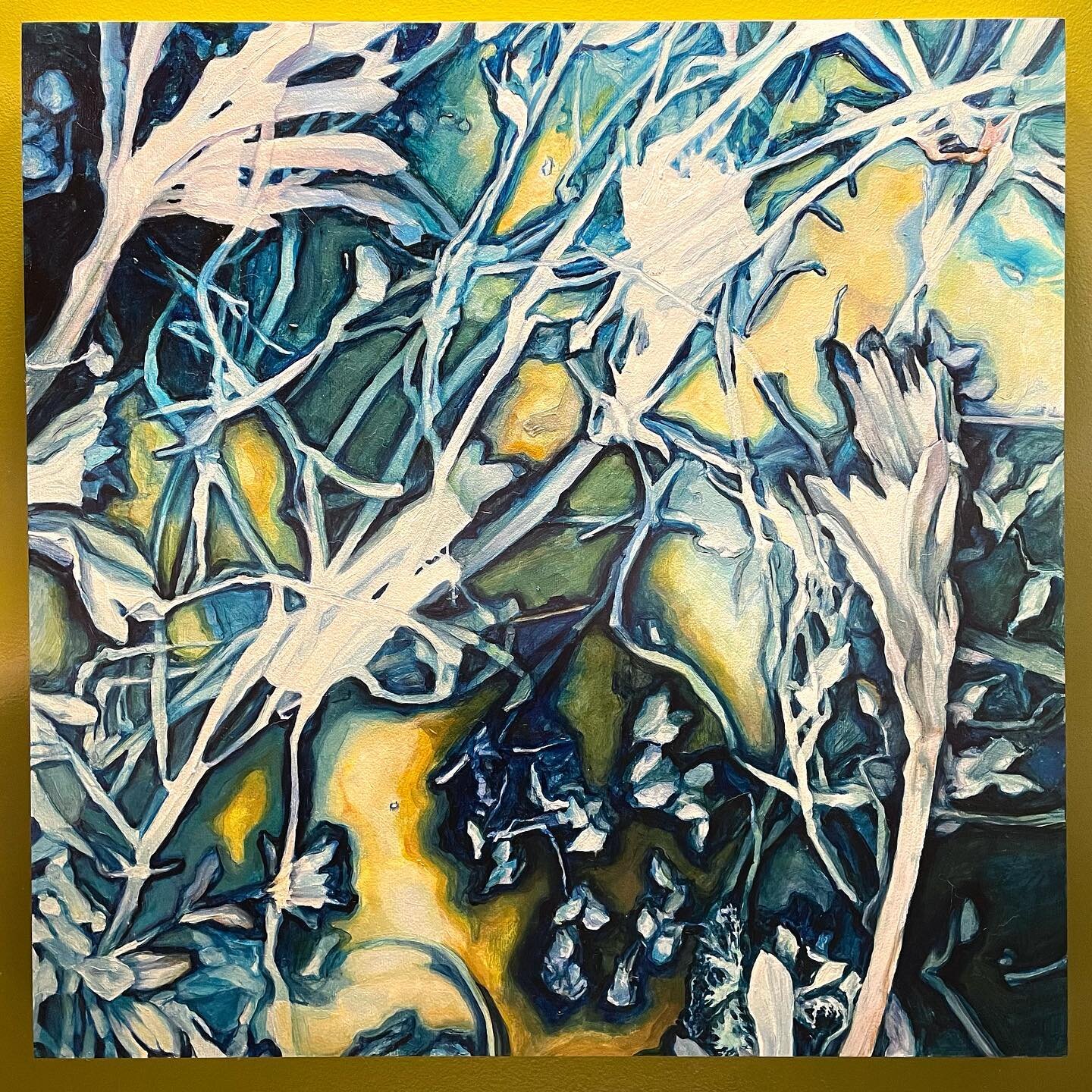 Fresh from the easel and giving off some &ldquo;snap, crackle &amp; pop&rdquo; against this avocado wall! This #oilpainting is part of my solo exhibition #bluemythologies @raftofsanity this September. This painting is inspired by a #cyanotype I made 