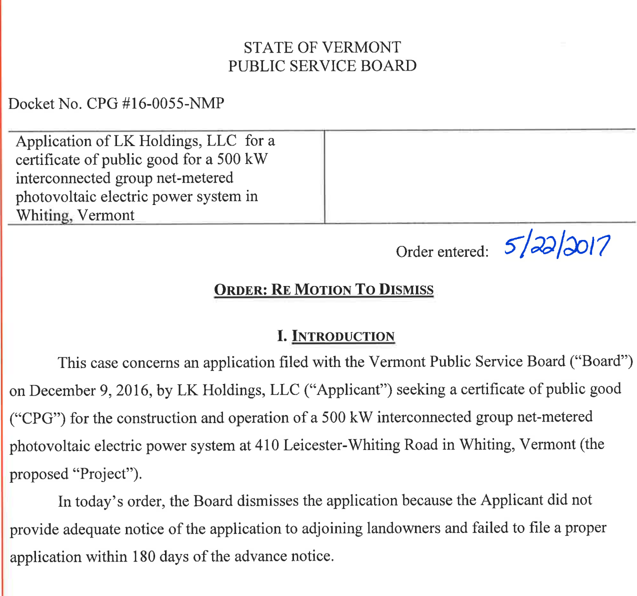 Petition of LK Holdings: Dismissal