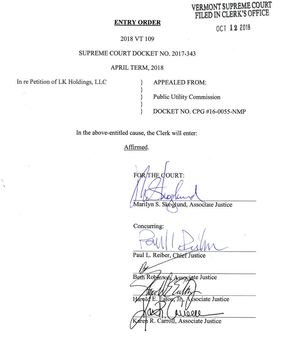 Another Vermont Supreme Court Win: In re Petition of LK Holdings LLC