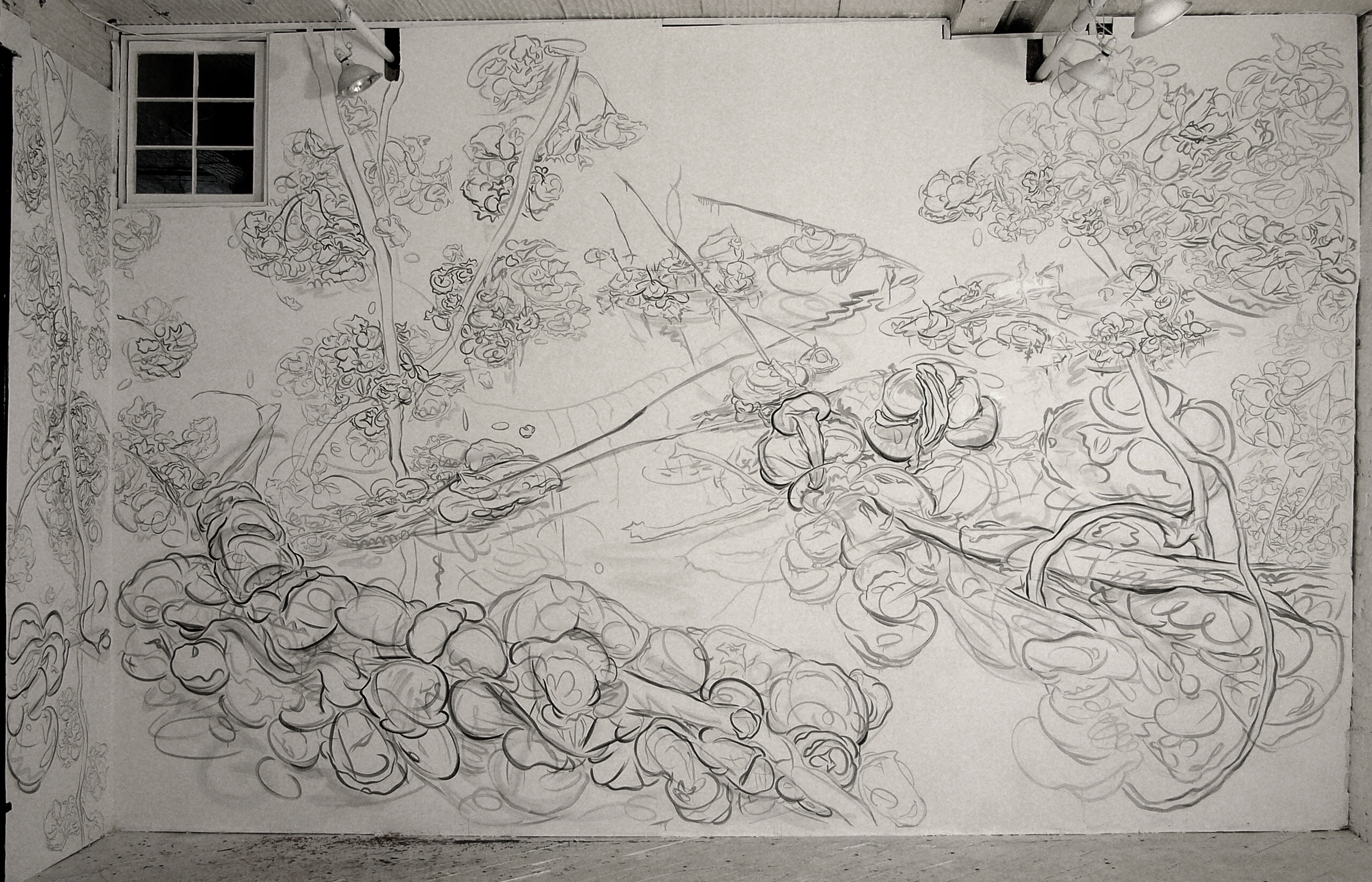 Spring Festival: Ice Bridge with Blossoms, 2007, pencil and acrylic on wall, Emergency Arts, New York, NY