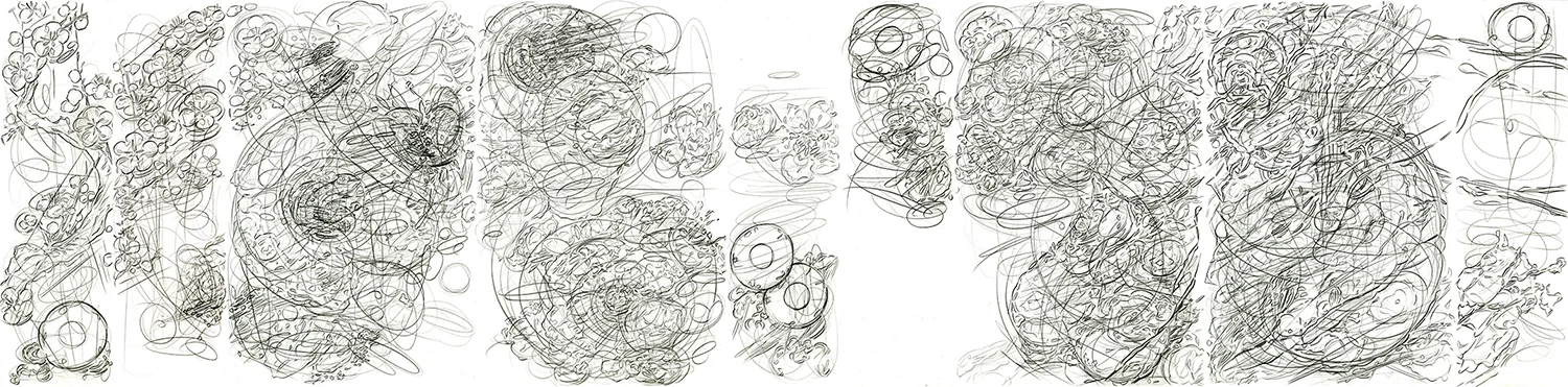 Double Self Split color #3, 2015, pencil on paper , 17” x 70”
