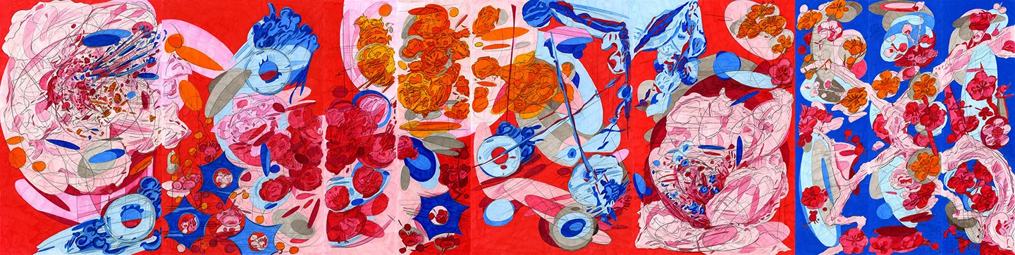 Double Self Split color #2, 2015/2016, color pencil on paper, 17” x 69”