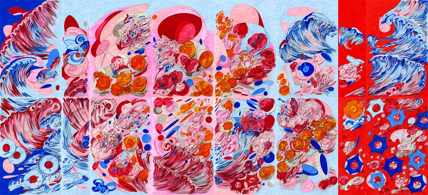 Double Self Split color #8, 2015/2016, color pencil on paper, 34" x 76"