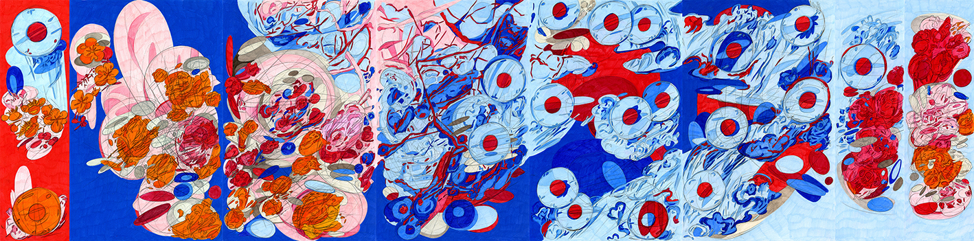Double Self Split color #4, 2015/2016, color pencil on paper, 17” x 69”