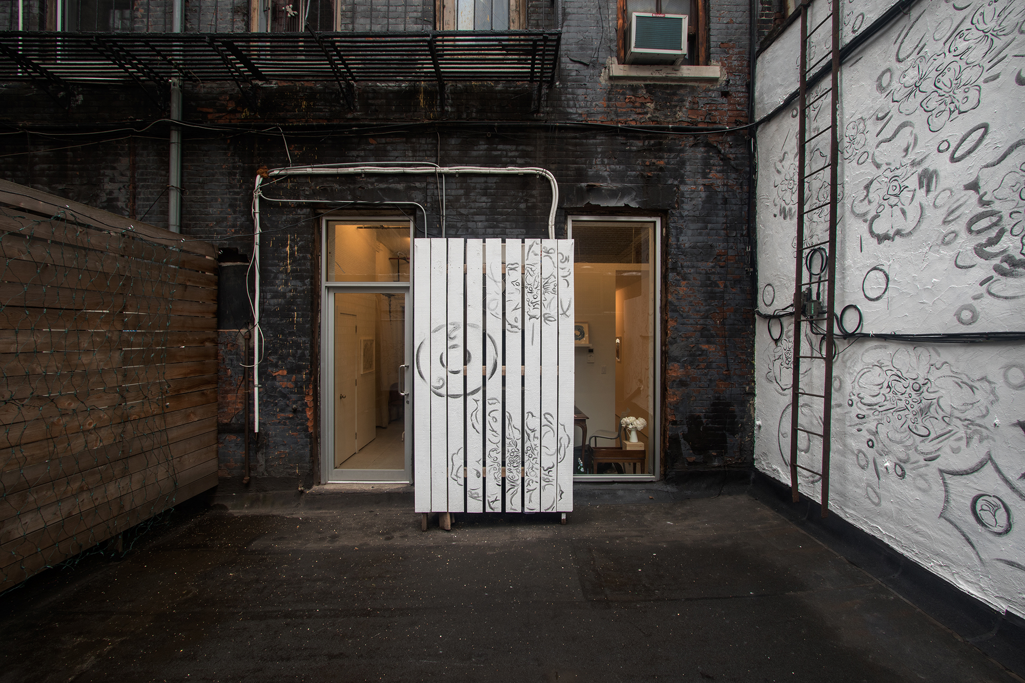 Volitia Returns, 2017 Acrylic and pencil on exterior walls, fences, masonry, stone and wood