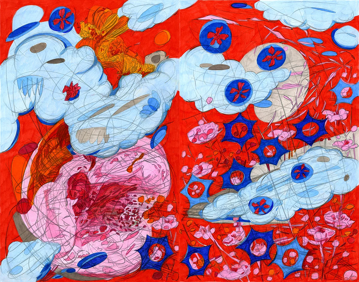 The Perfect Excuse to Draw A Cartoon Cloud 1 , 2015, color pencil on paper, 17” x 22”