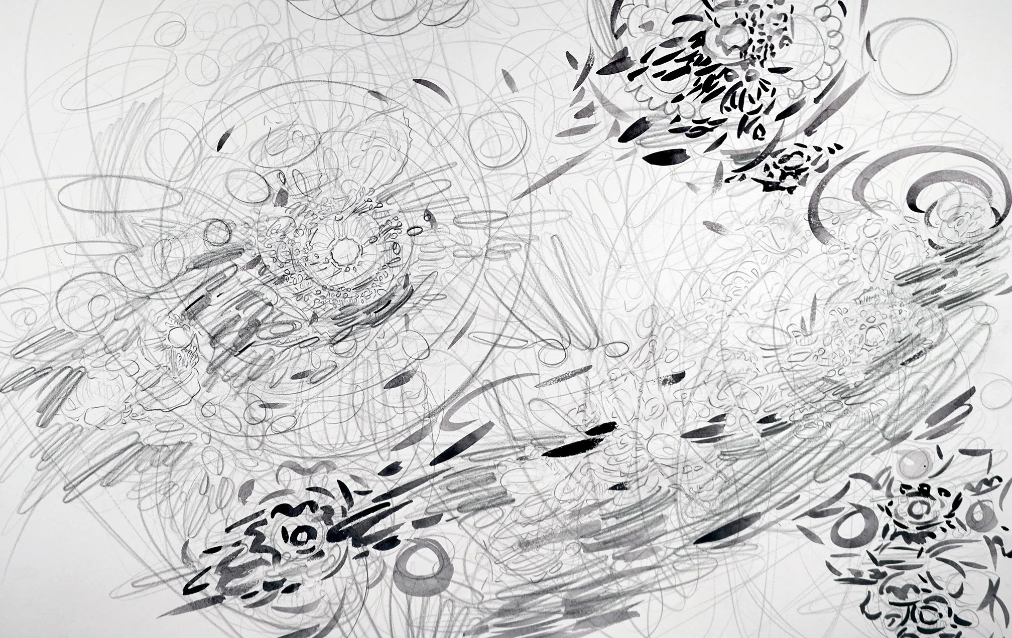 Volitia Slides Downhill , detail, 2022, pencil and gouache on paper, 30” x 88”