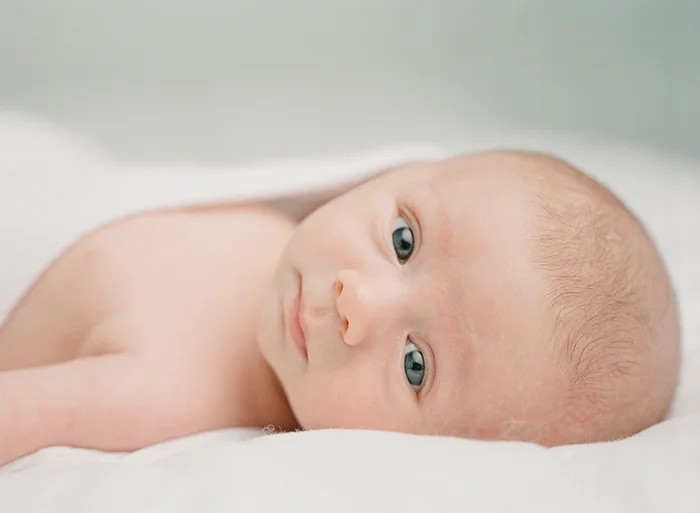 Newborn photography Seattle, by Sandra Coan. Newborn baby looking at the camera