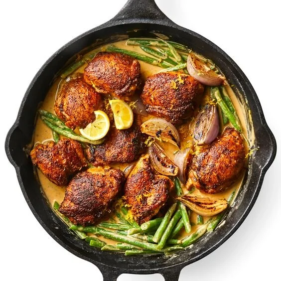 Skillet Chicken and Green Beans with Lemon Tahini Sauce