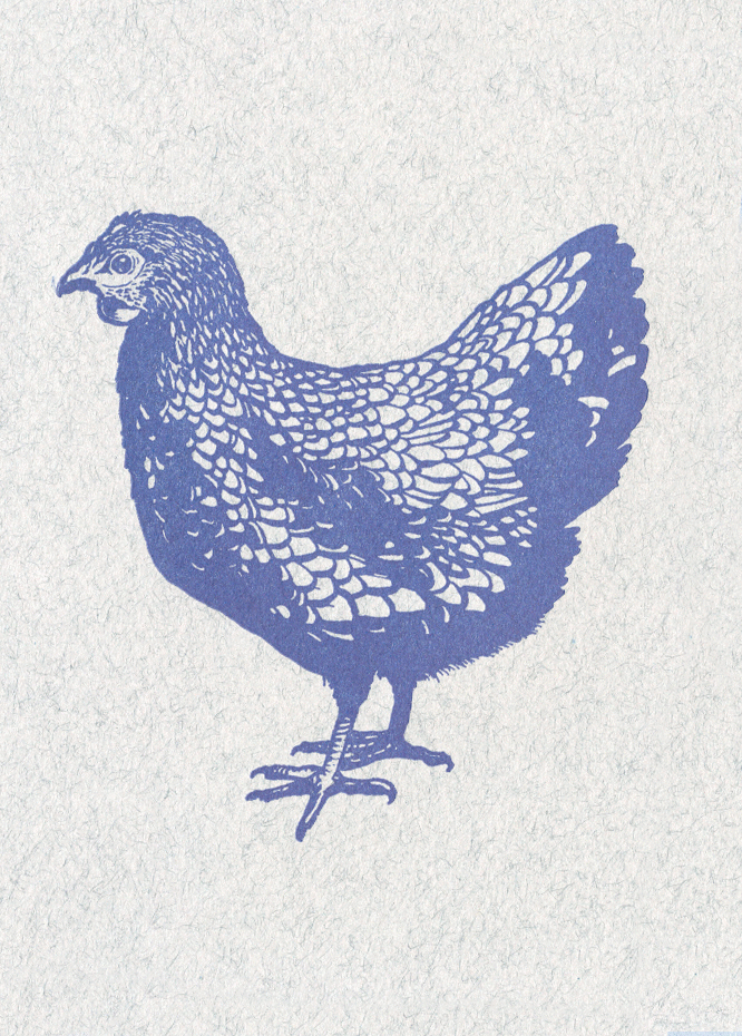 A series of chickens letterpress printed from a polymer plate.