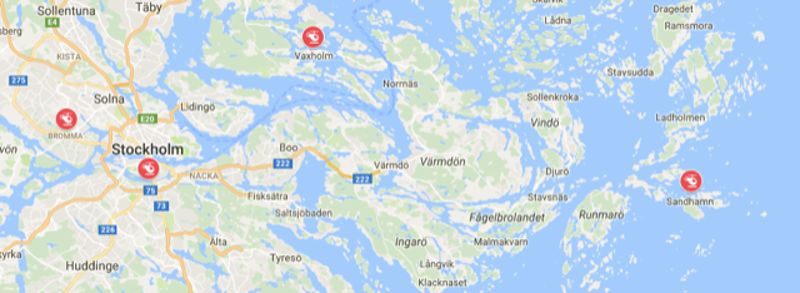 Карта полёта. Тут отмечены аэропорт, Старый Город, Ваксхольм и дальше всего – Сандхамн