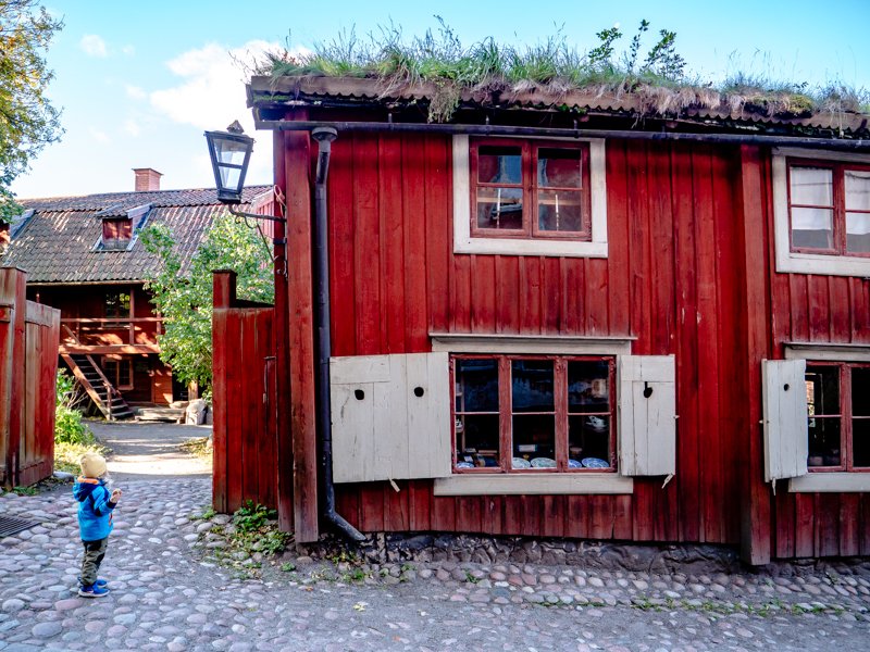 городской квартал Скансена в Стокгольме, красные традиционные домики, торфяные крыши.jpg
