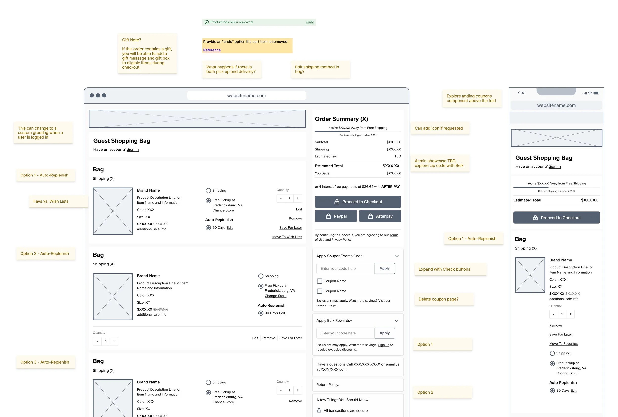 Annotated low fidelity wireframes working through auto replenish, gift note, and order summary options across desktop and mobile