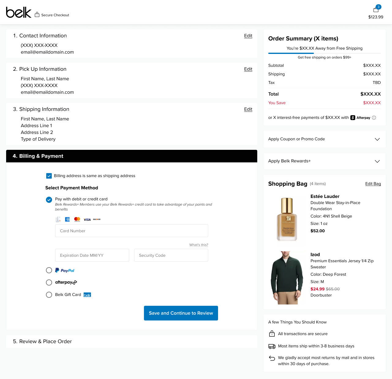 Redesigned Belk desktop checkout with clear order summary and step-by-step billing and payment