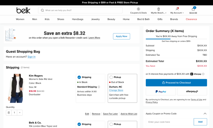 Redesigned Belk shopping bag page after redesign