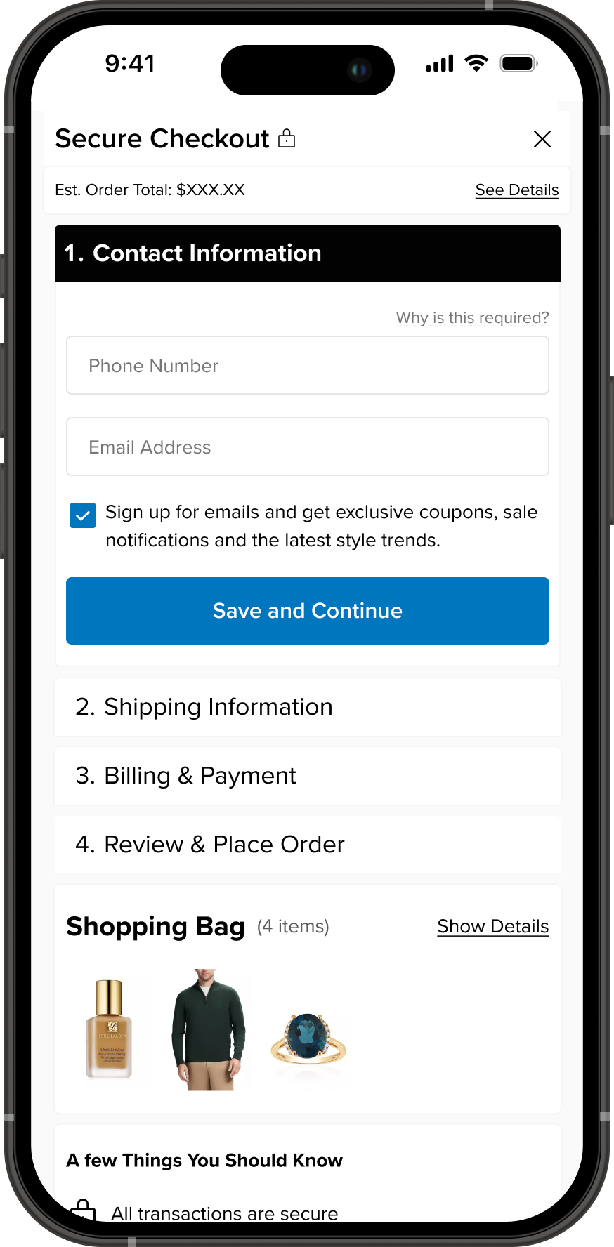 Redesigned Belk mobile secure checkout with a stepped contact information flow