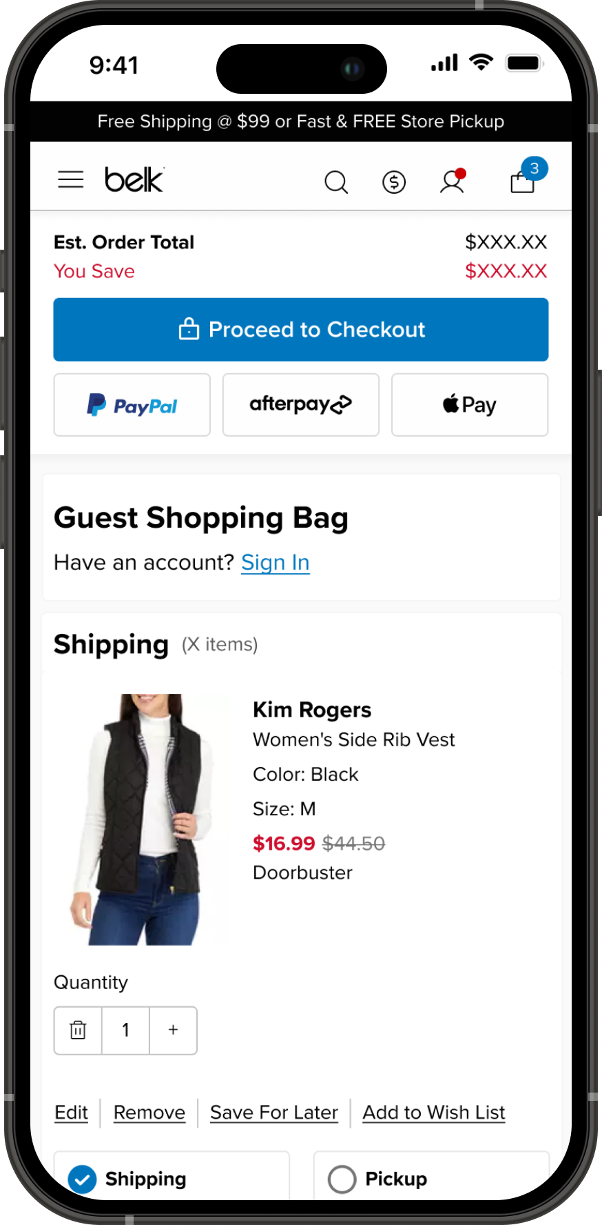 Redesigned Belk mobile shopping bag with clear shipping and pickup options