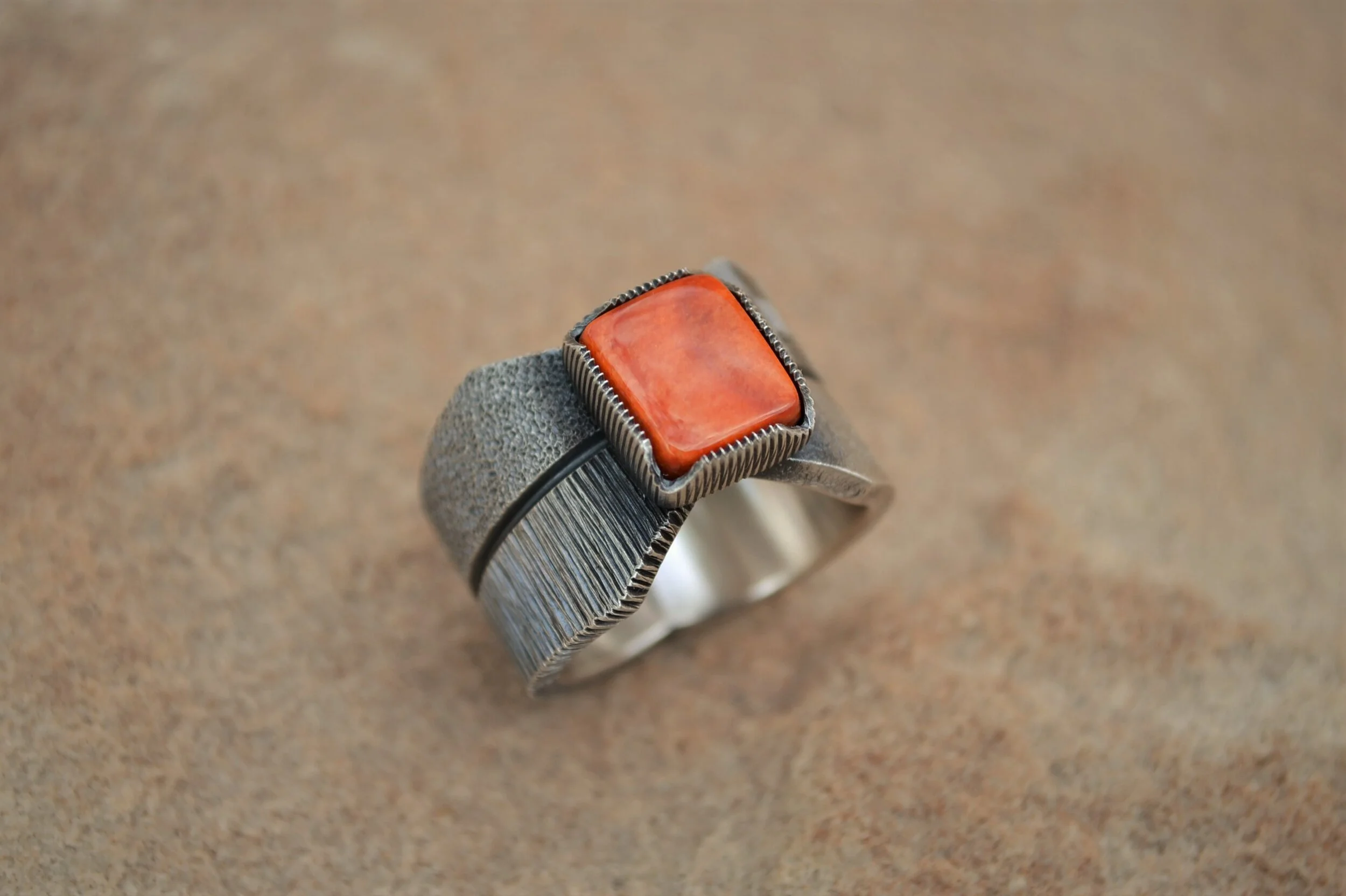 Sterling silver texture ring with Orange Spiny Oyster