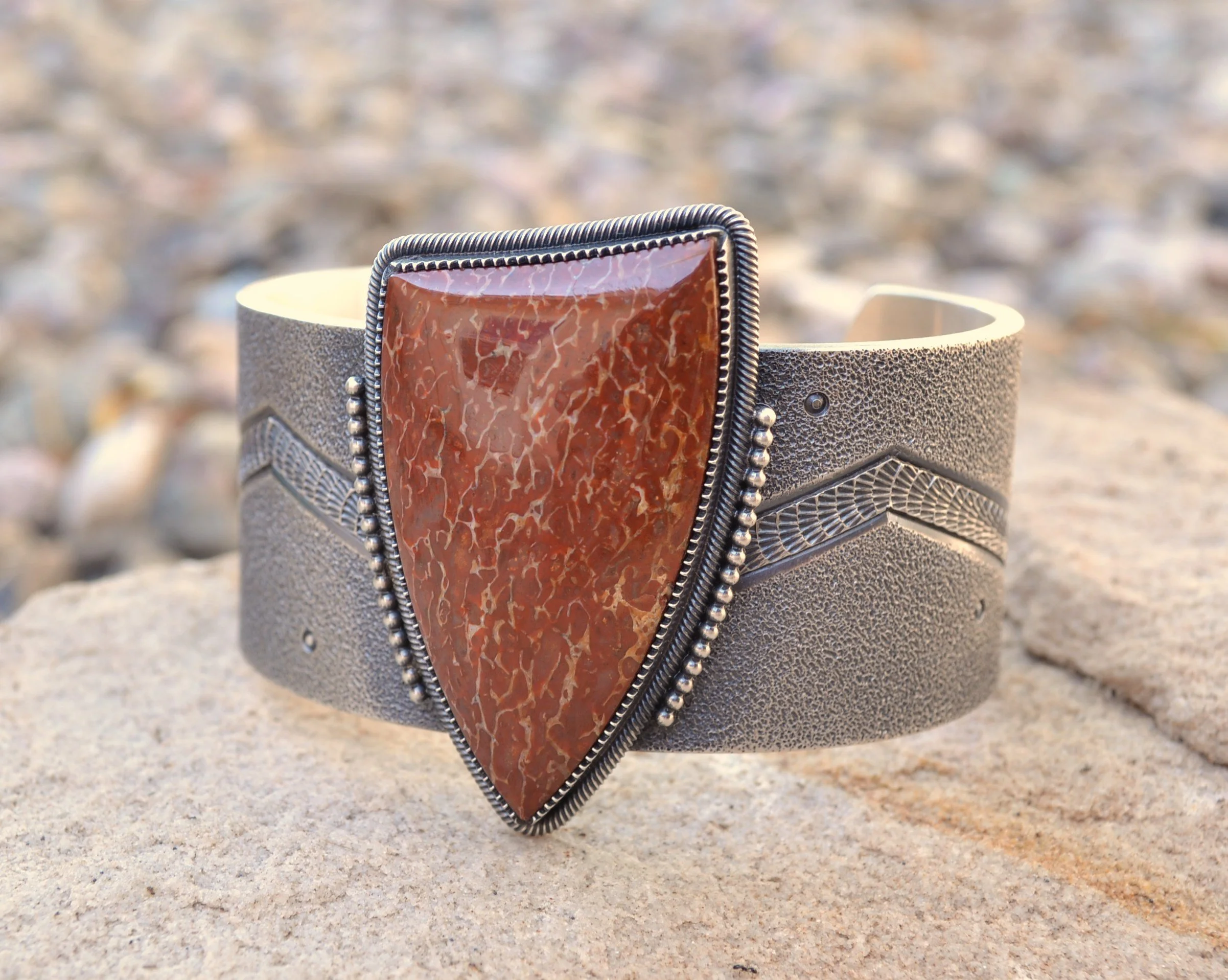 Sterling Silver Ingot Bracelet with Fossilized Dinosaur Bone