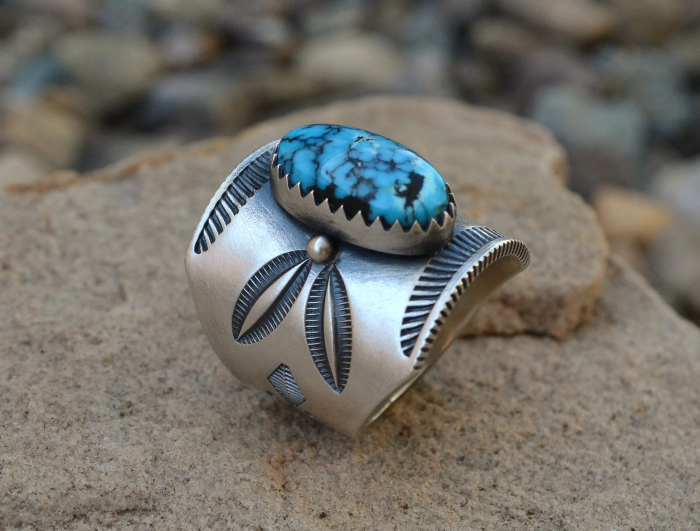 Sterling silver cigar band ring with Kingman