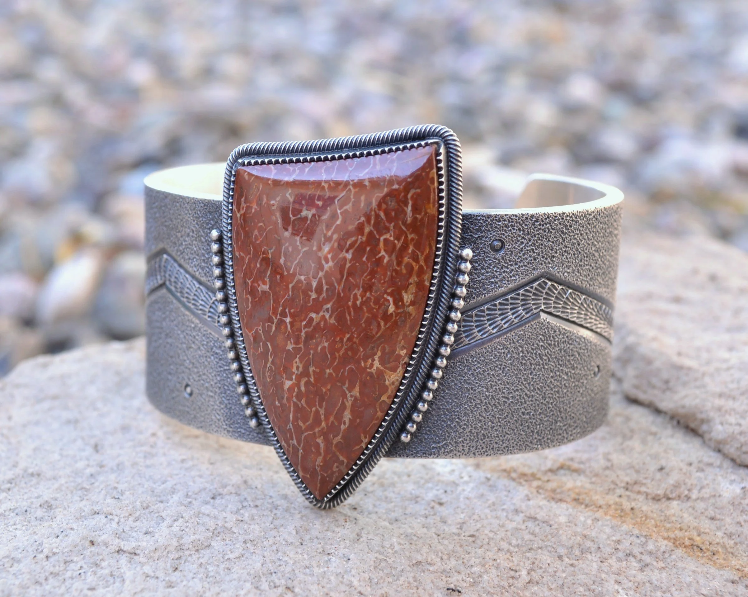 Sterling Silver Ingot Bracelet with Fossilized Dinosaur Bone