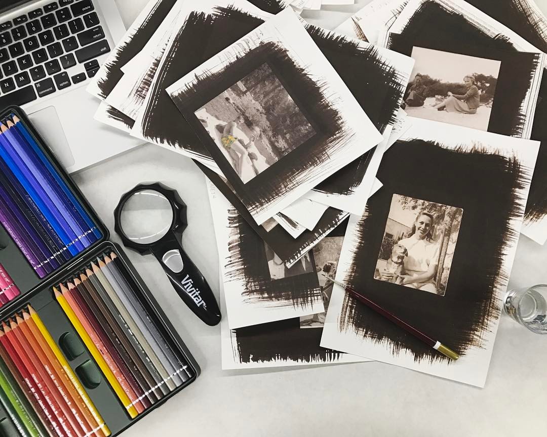 The glorious Faber-Castell set, the life-saving Vivitar magnifying glass, the #000 spotting brush, and a shot glass of water for cleaning the brush in between colors.