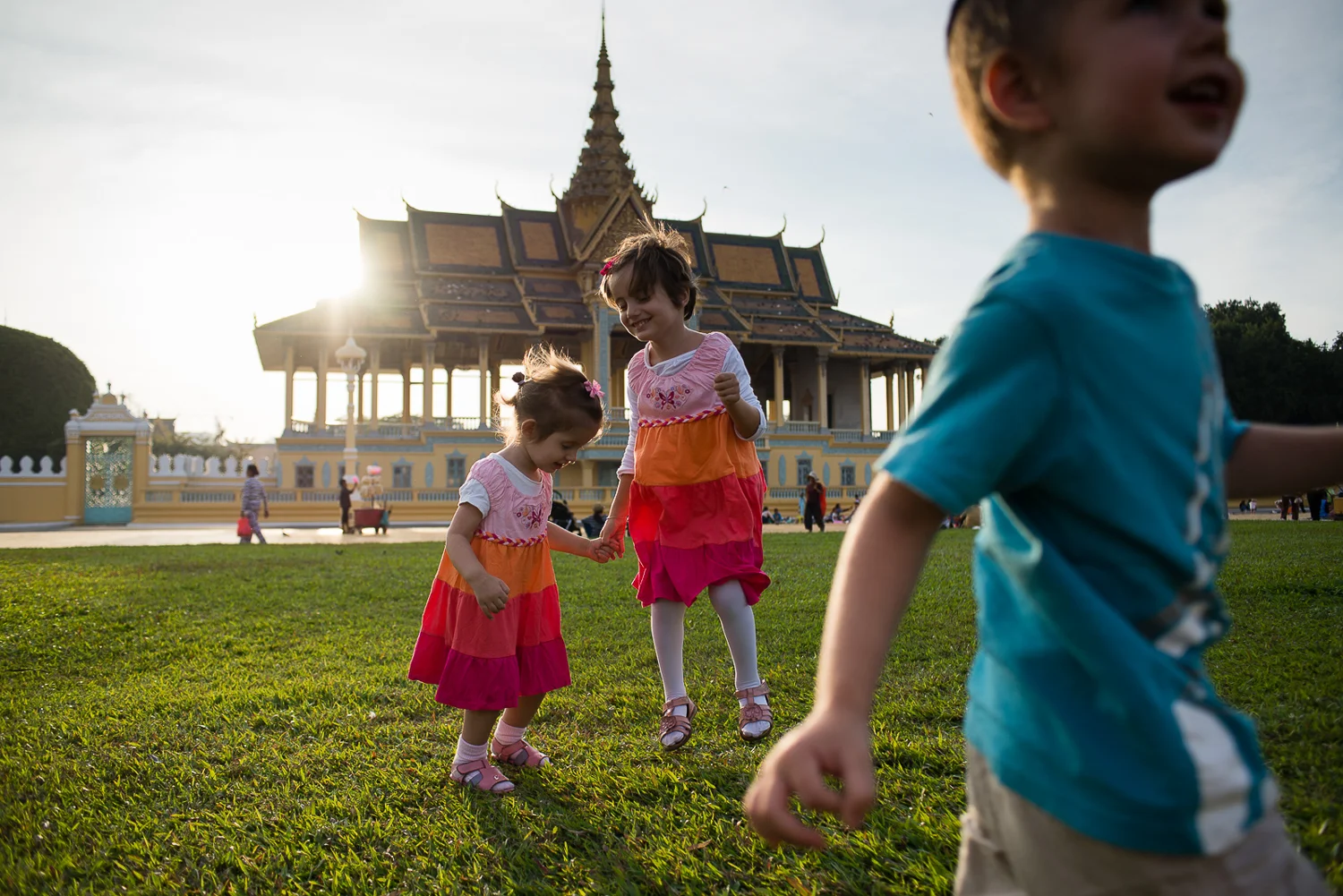 Henya, Mushka, and Shmulik at the Royal Palace in Phnom Penh. 