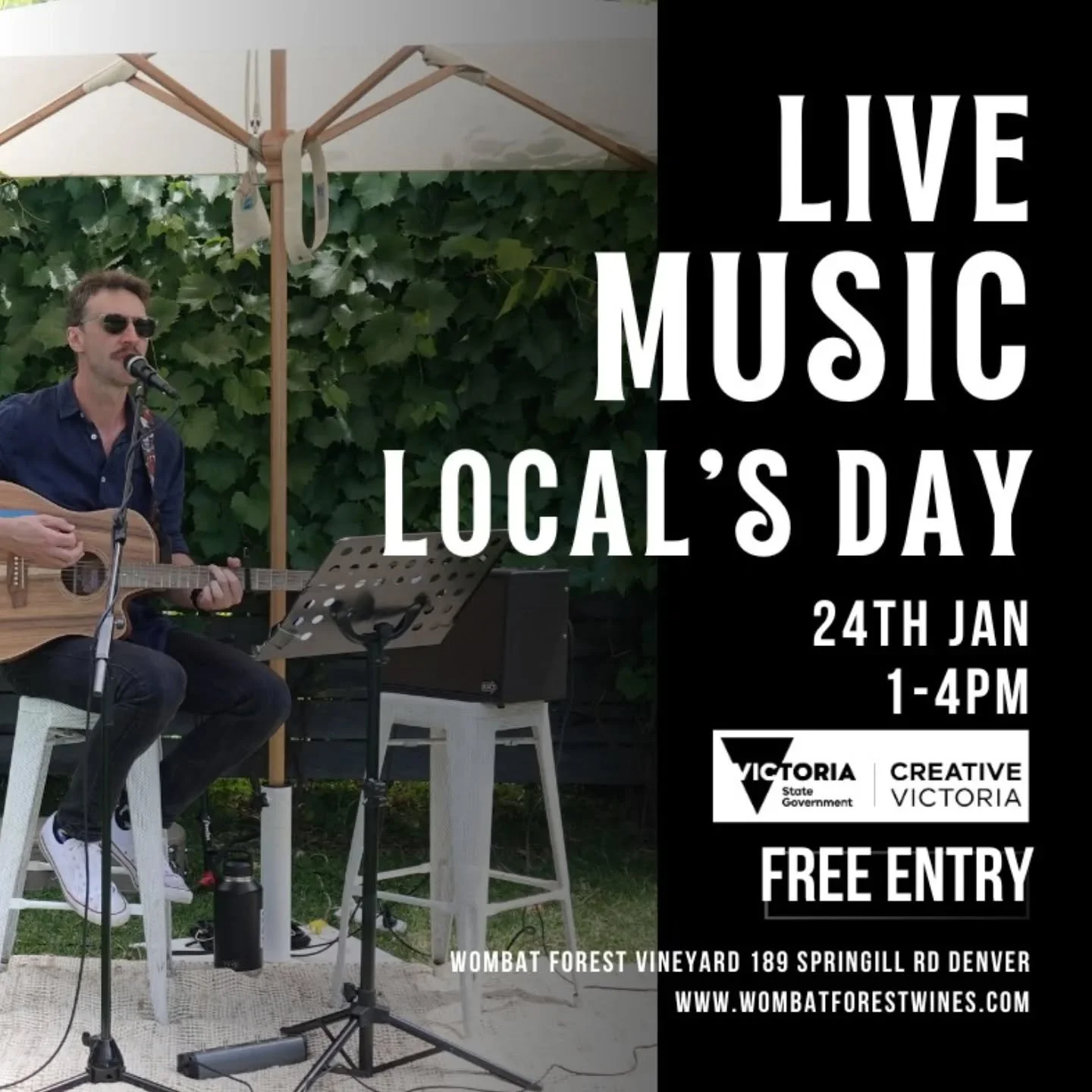 Summer fun at the winery! 🌿
Live music, lawn games, award-winning wines, summer cocktails, and a family-friendly atmosphere.
Locals Day with FREE entry &mdash; bring your friends and enjoy a relaxed day out just one hour from Melbourne.
Live music 1