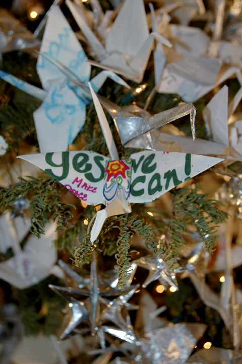 A "Yes We Can" crane - one of the thousands of cranes on the tree.
