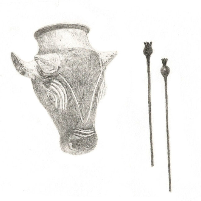 clay bull rhyton, turkey, 6th-5th century bc; bronze pomegranate scepters, israel, 13th century bc