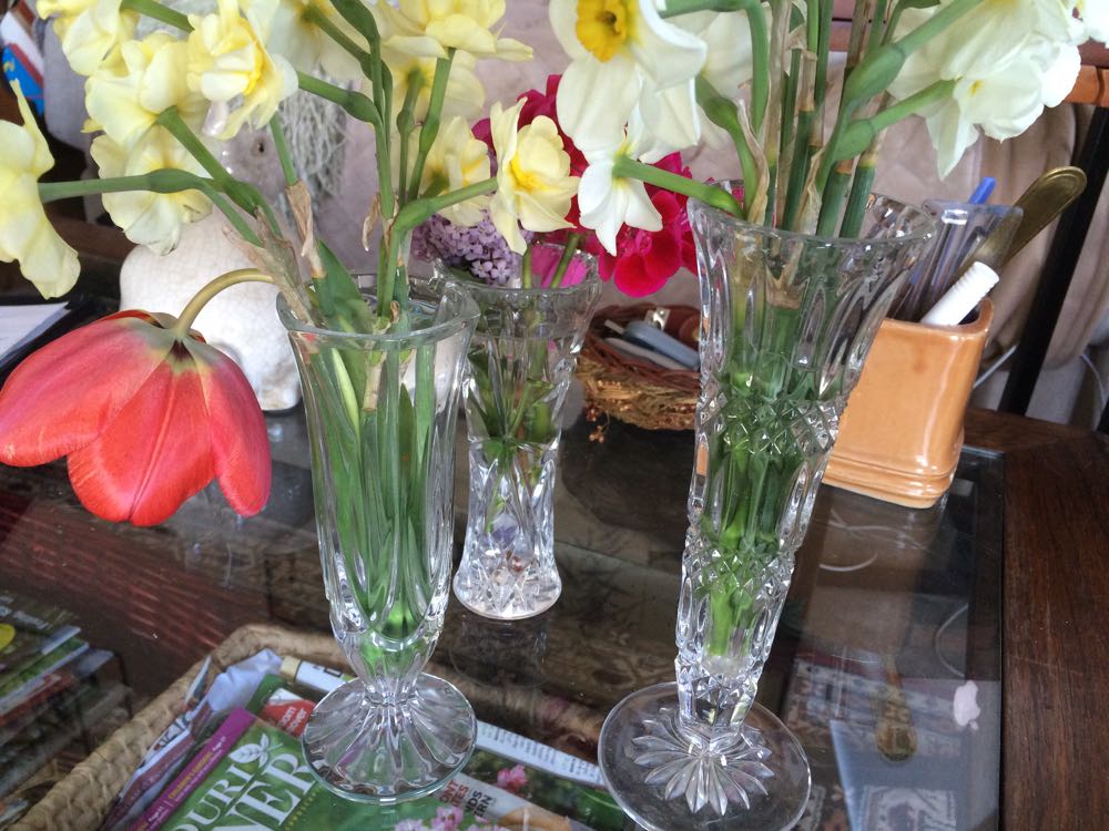 My collection of cut glass flower vases helps flowers get along on my coffee table.