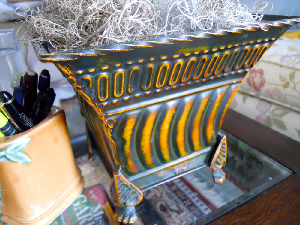 Love the feet on this recycled container from a local thrift shop for $2 for Harriet's Orchid.