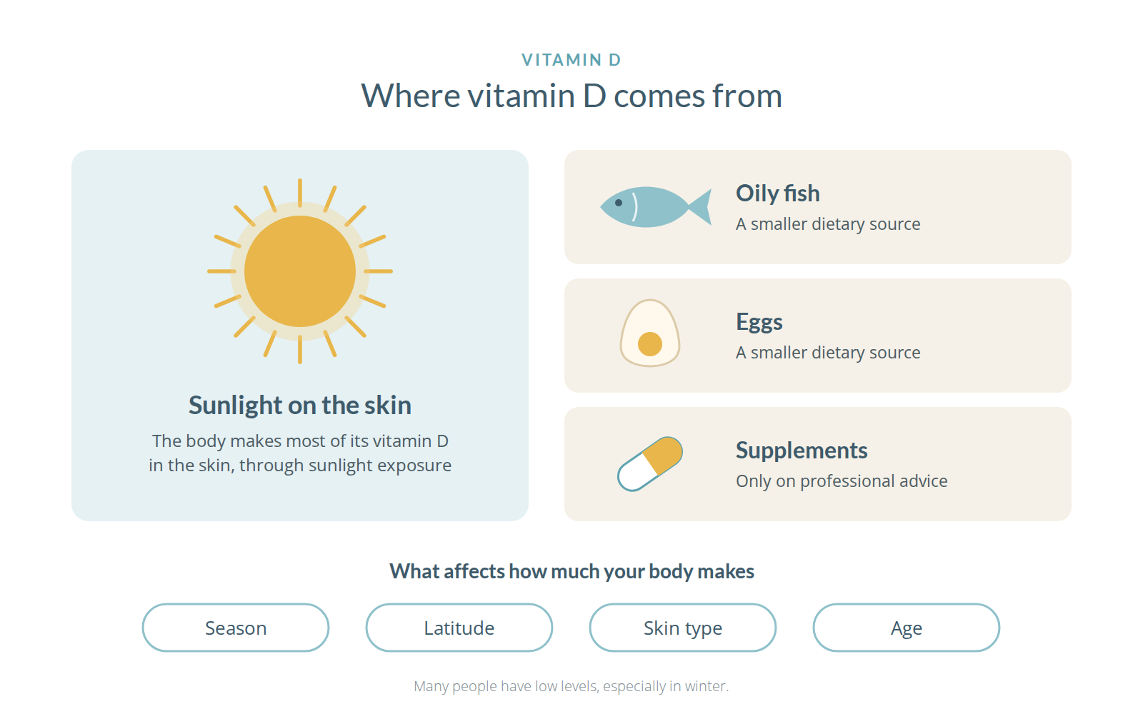 Sunlight, oily fish, eggs and supplements as sources of vitamin D