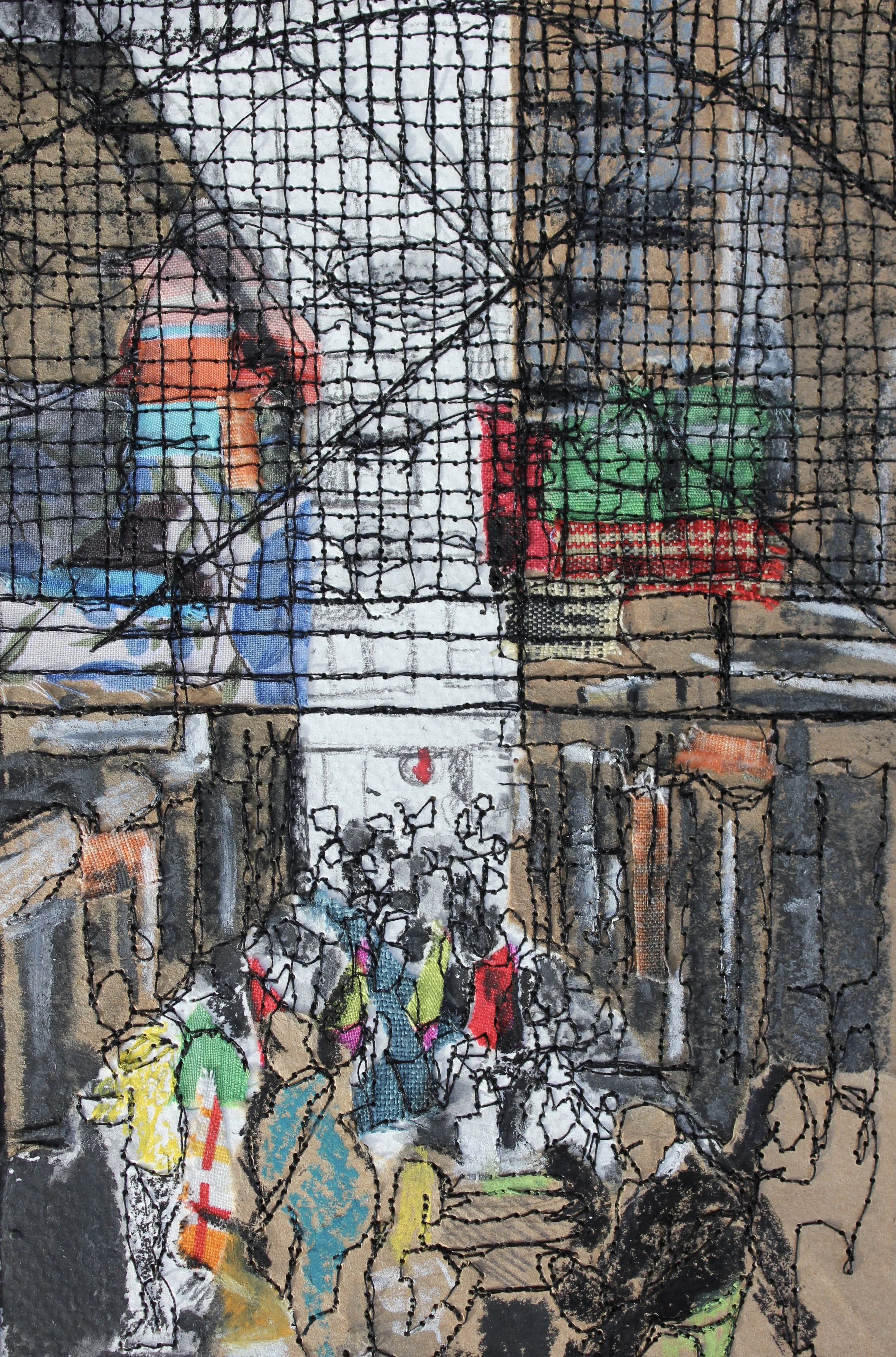 Centre Place thread sketch, mixed media