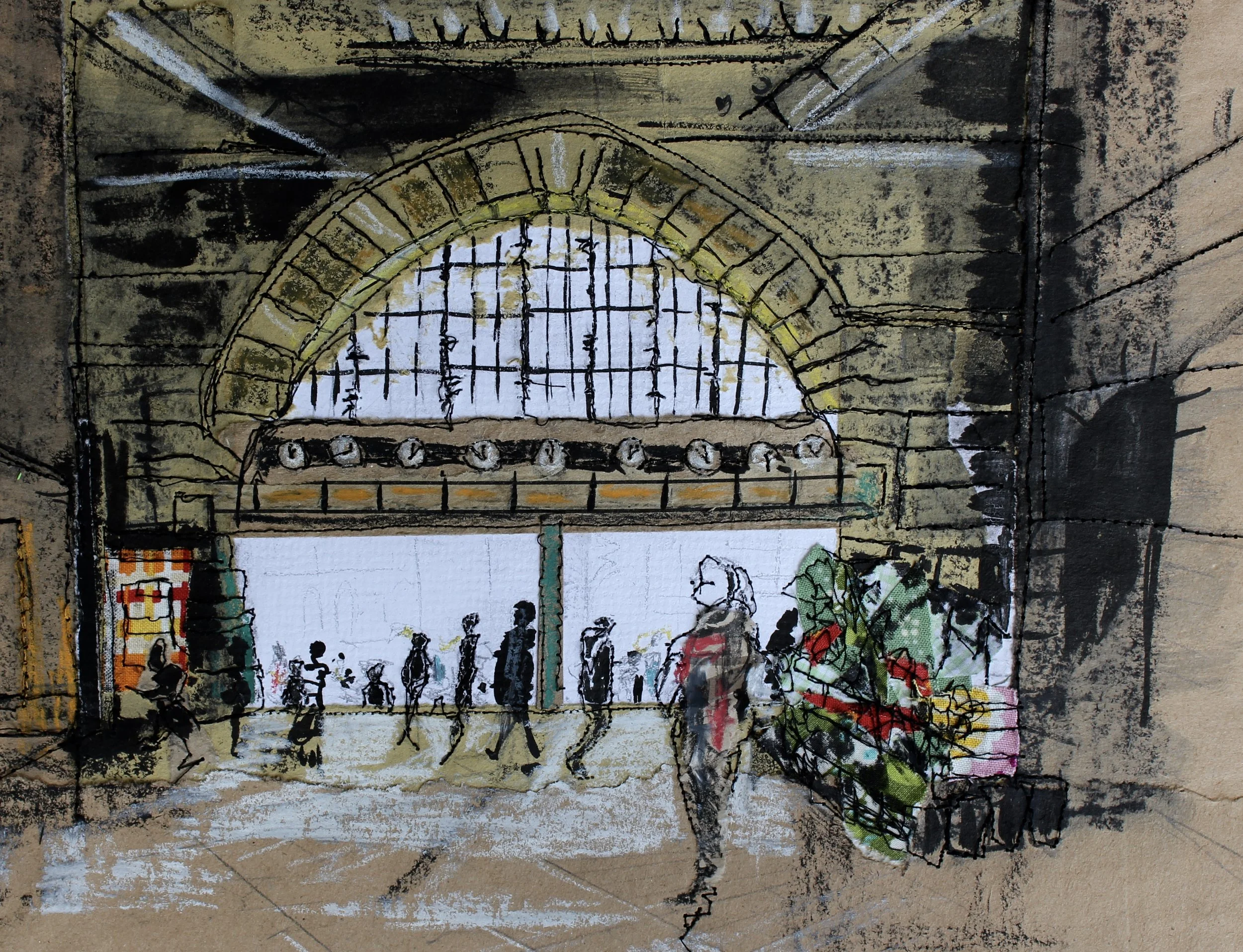 Flinders Street Clocks, thread sketch, mixed media