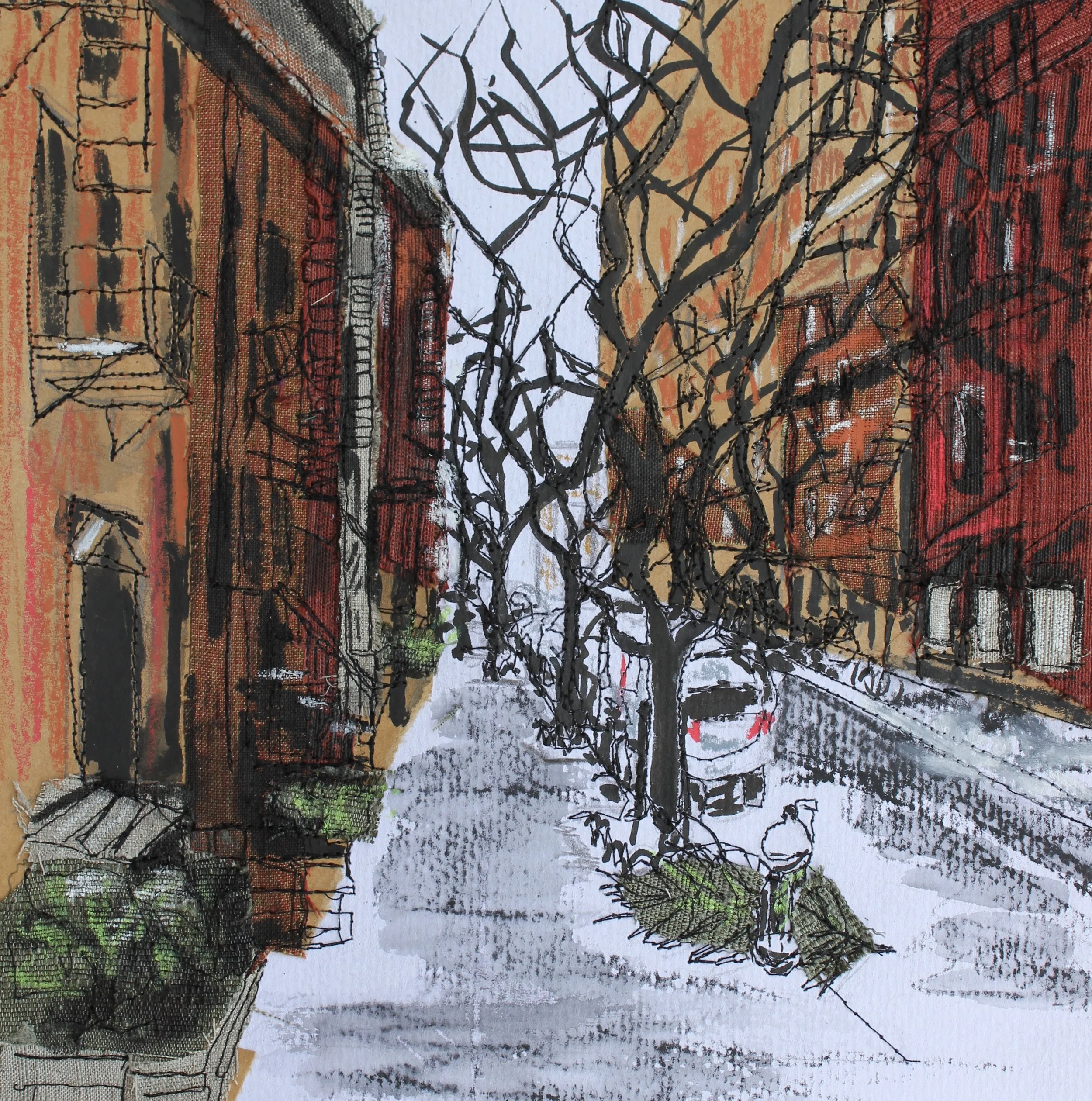 SoHo Brownstones (after xmas), NYC thread sketch, mixed media