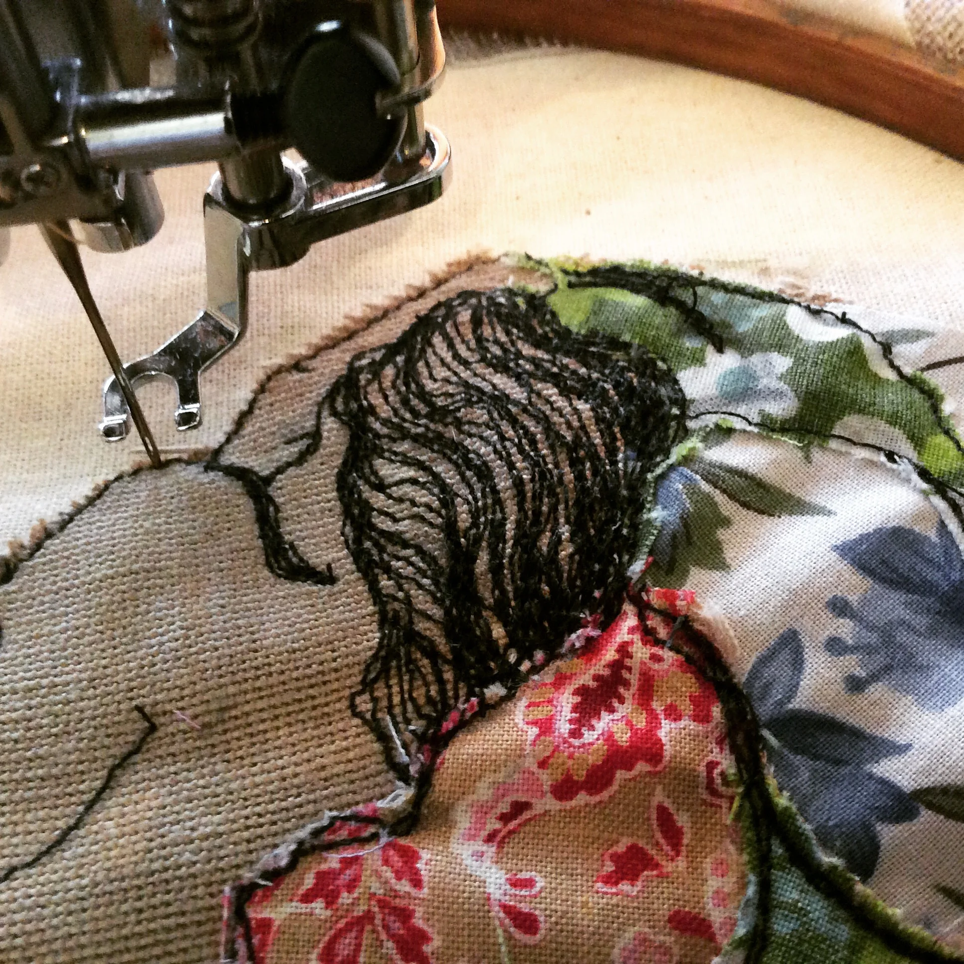 A thread sketch in progress using freehand machine embroidery 