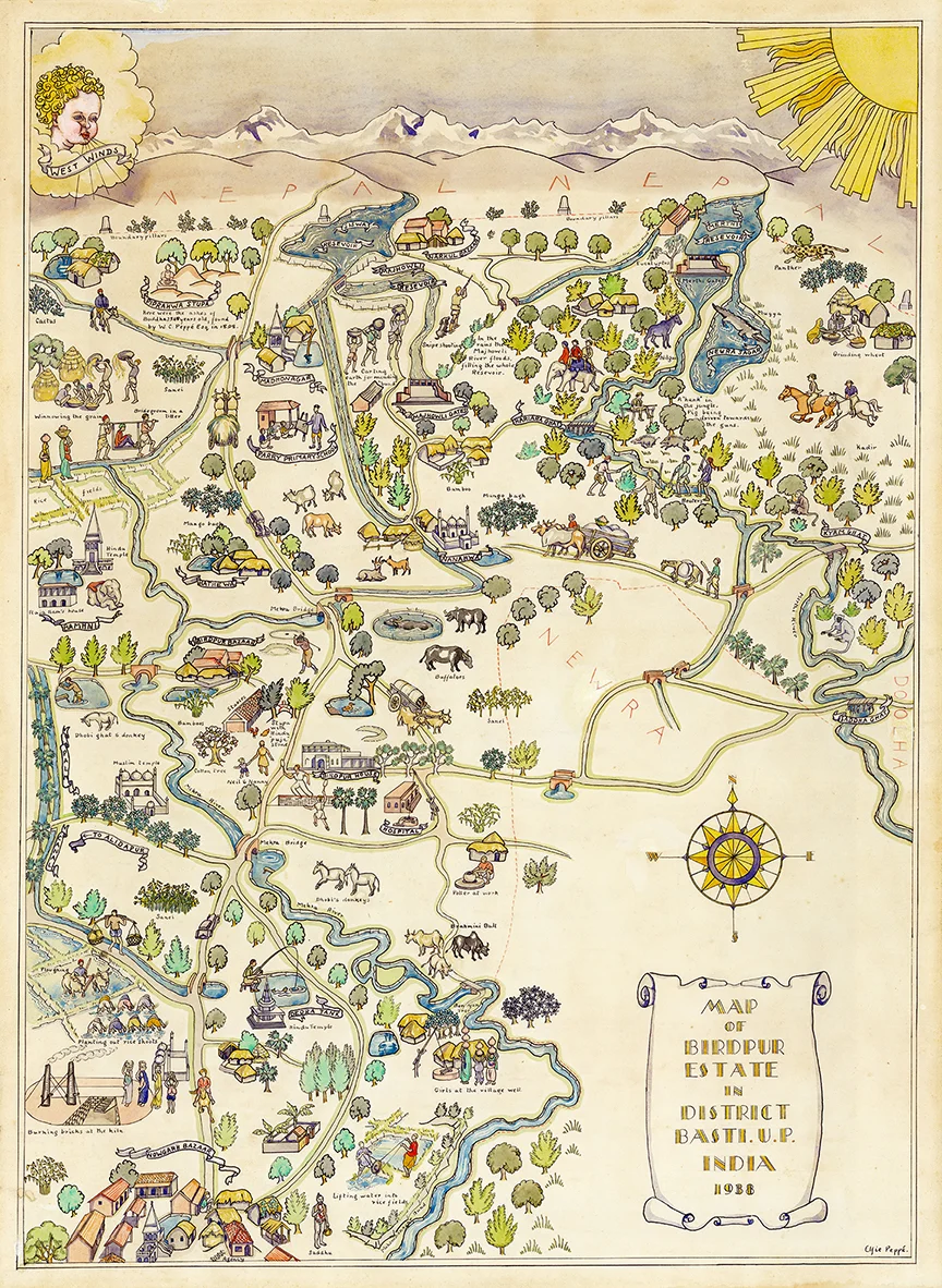 Illustrated map of the birdpur estate by Elfie Peppé 1938 (Picture courtesy of Neil Peppé)